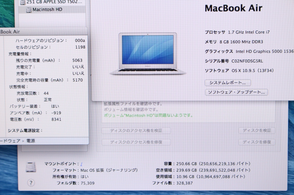 APPLE MacBook Air i7/11.6/8GB/SSD256GB Early 2014 充放電回数44回、その他画像３